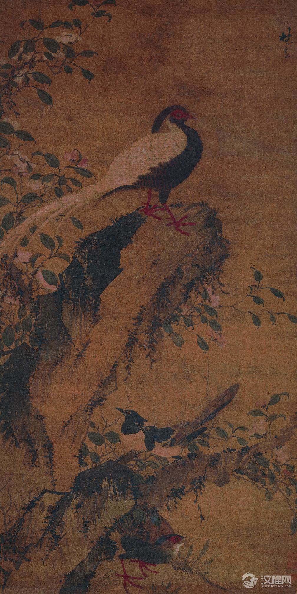 明 林良画选 灌木集禽图