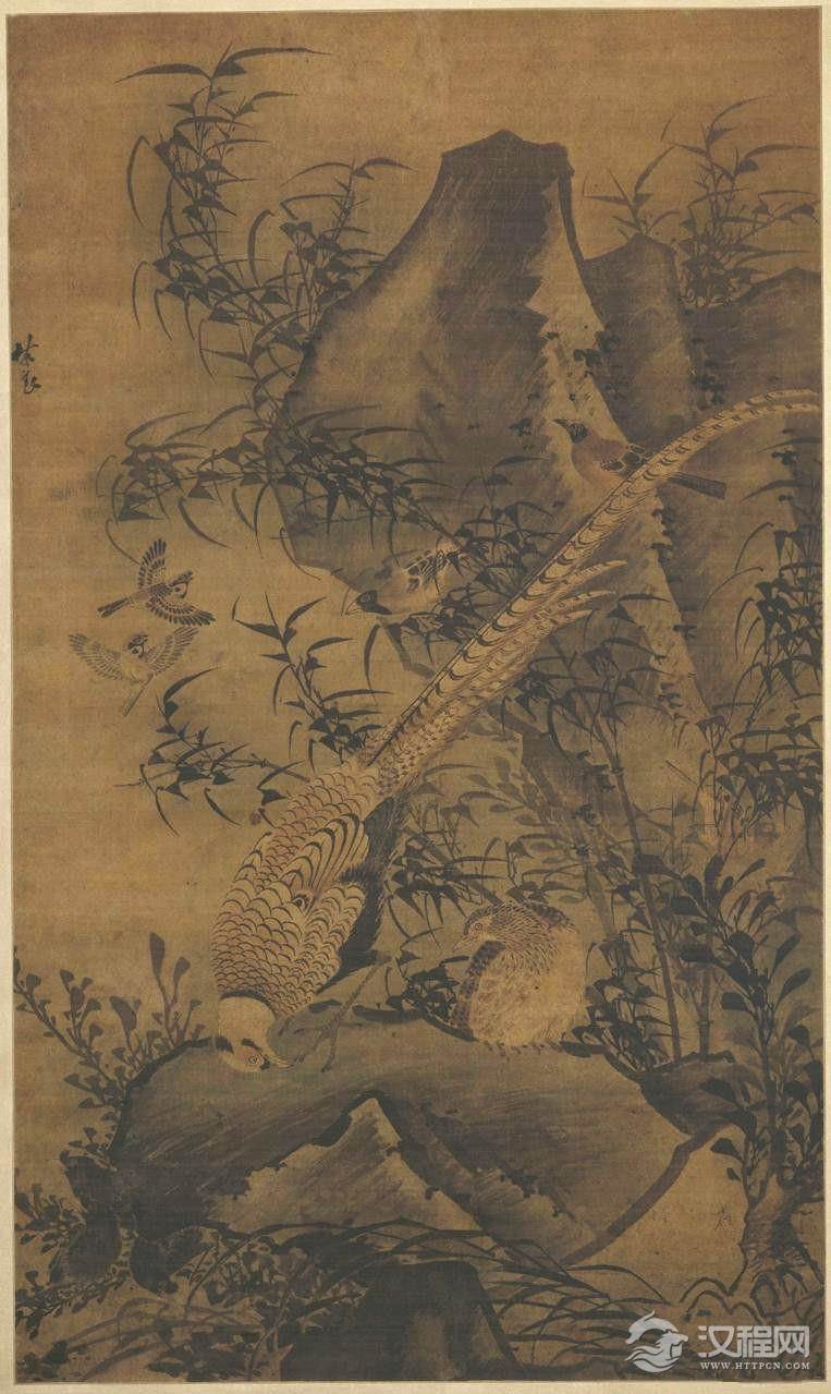 明 林良画选 灌木集禽图