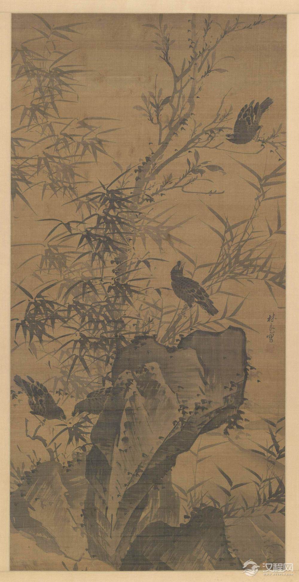 明 林良画选 灌木集禽图