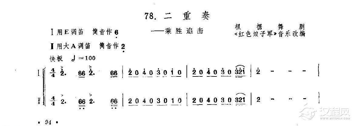 笛子练习曲选《二重奏——乘胜追击》竹笛练习乐谱