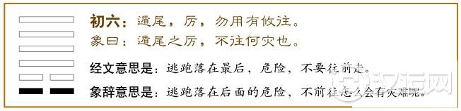 遁卦第一爻,爻辞:初六:遁尾;厉。勿用有攸往。
