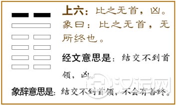 比卦第六爻,爻辞:上六:比之无首,凶。