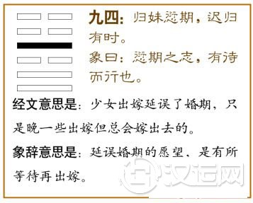 归妹卦第四爻,爻辞:九四:归妹愆期,迟归有时。
