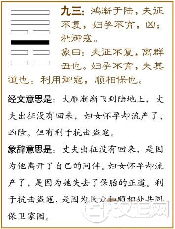 渐卦第三爻,爻辞:九三:鸿渐于陆,夫征不复,妇孕不育,凶;利御宼。