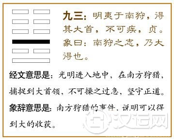 明夷卦第三爻,爻辞:九三:明夷于南狩,得其大首;不可疾,贞。爻辞释义