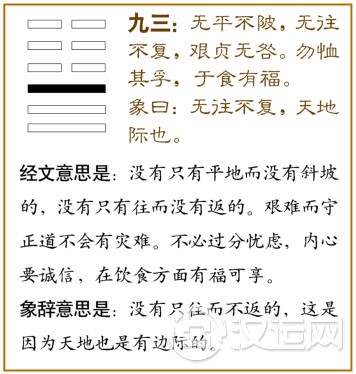 泰卦第三爻,爻辞:九三:无平不陂,无往不复;艰贞无咎,勿悔恤其孚,于食有福。