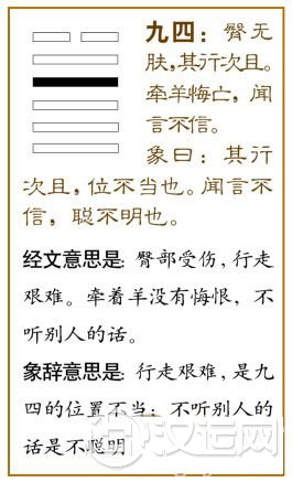 夬卦第四爻,爻辞:九四:臀无肤,其行次且;牵羊悔亡,闻言不信。爻辞释义