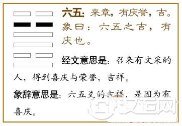 丰卦第五爻,爻辞:六五:来章,有庆誉,吉。