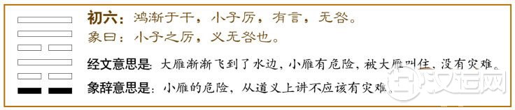 渐卦第一爻,爻辞:初六:鸿渐于干;小子厉,有言,无咎。