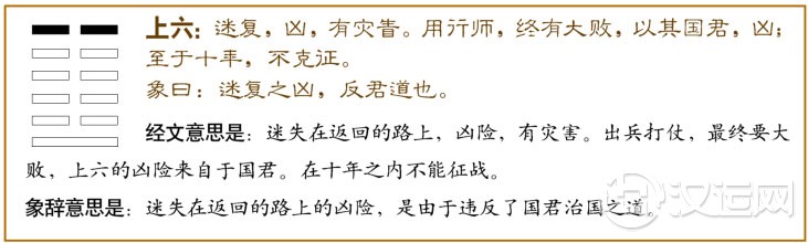 上六:迷复,凶,有灾眚。用行师,终有大败;以其国,君凶。至于十年不克征。