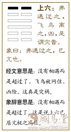 小过卦第六爻,爻辞:上六:弗遇过之;飞鸟离之,凶,是谓灾眚。爻辞释义