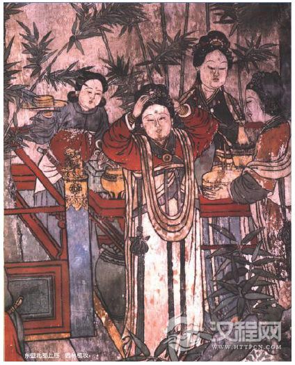 山西洪洞广胜寺水神庙壁画，左衽、窄袖侍女图