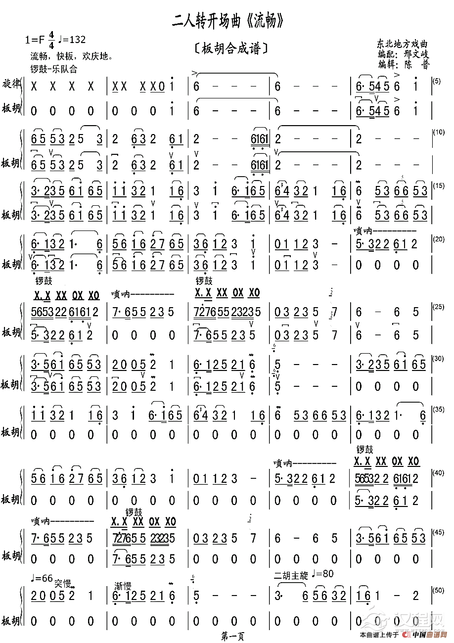 二人转开场曲《流畅》（板胡合成谱）_简谱