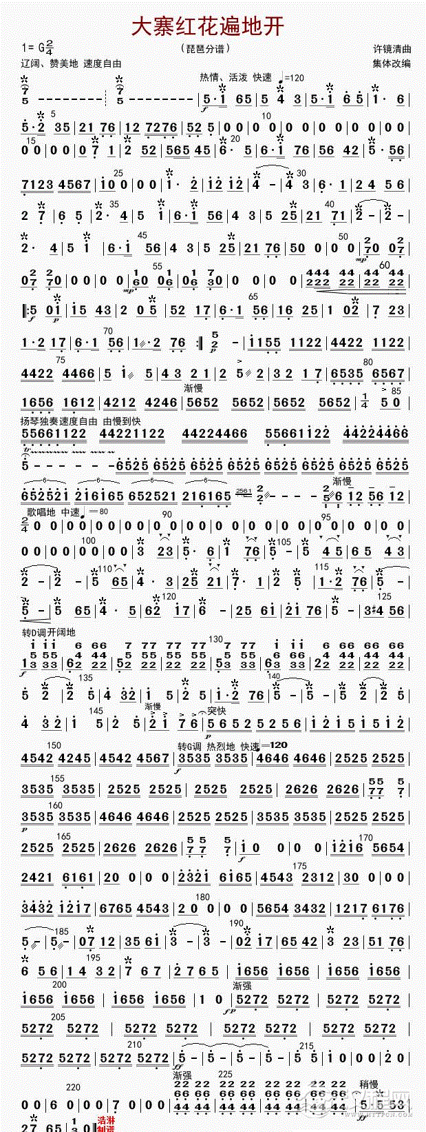 大寨红花遍地开（琵琶分谱）_简谱