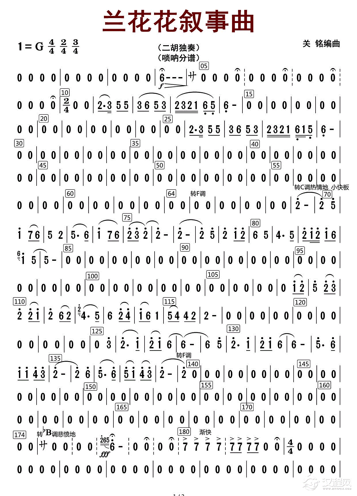 兰花花叙事曲（唢呐分谱）_简谱