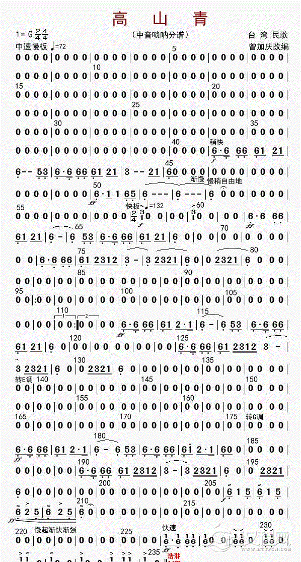 高山青（中音唢呐分谱）_简谱