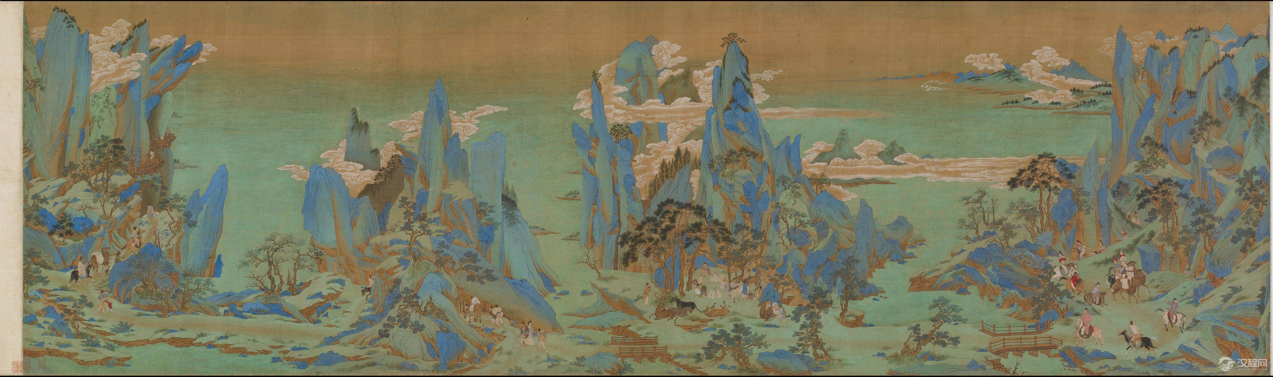 李思训 江帆楼阁图 李昭道 明皇幸蜀图(百幅中国名画)