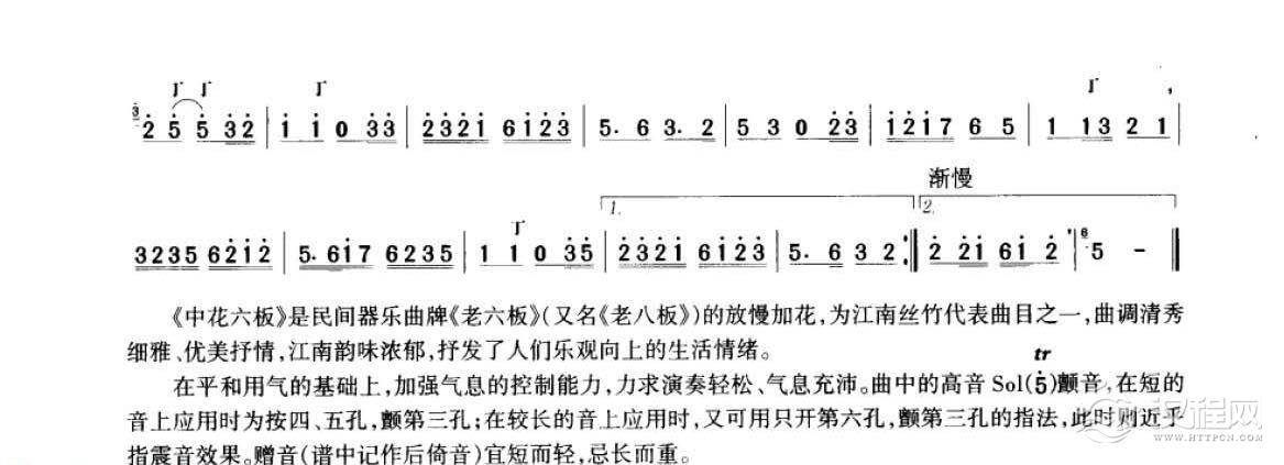 笛子考级练习曲《中花六板&江南丝竹  金祖礼传谱》竹笛六级乐曲谱
