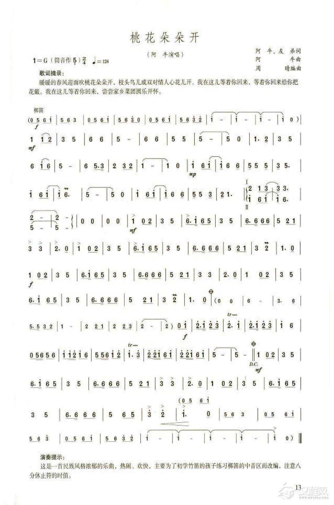 笛子流行金曲《桃花朵朵开》初级独奏乐谱