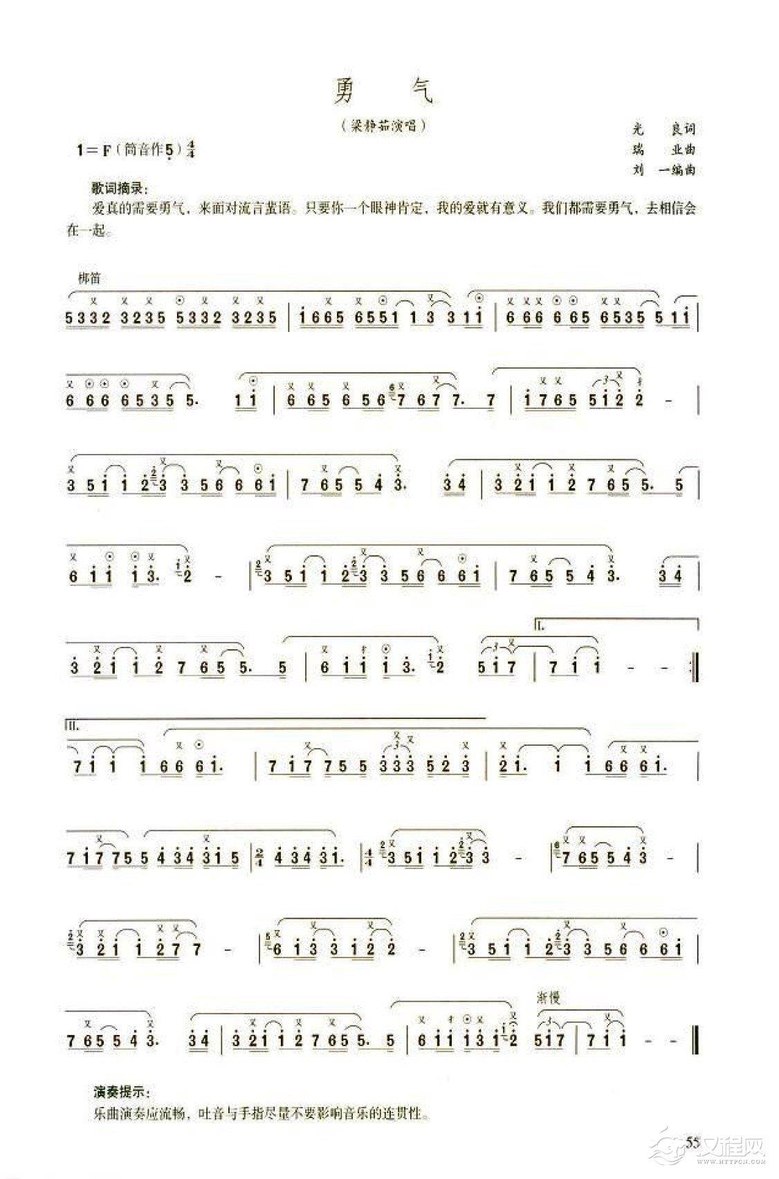 笛子流行金曲《勇气》中级独奏乐谱