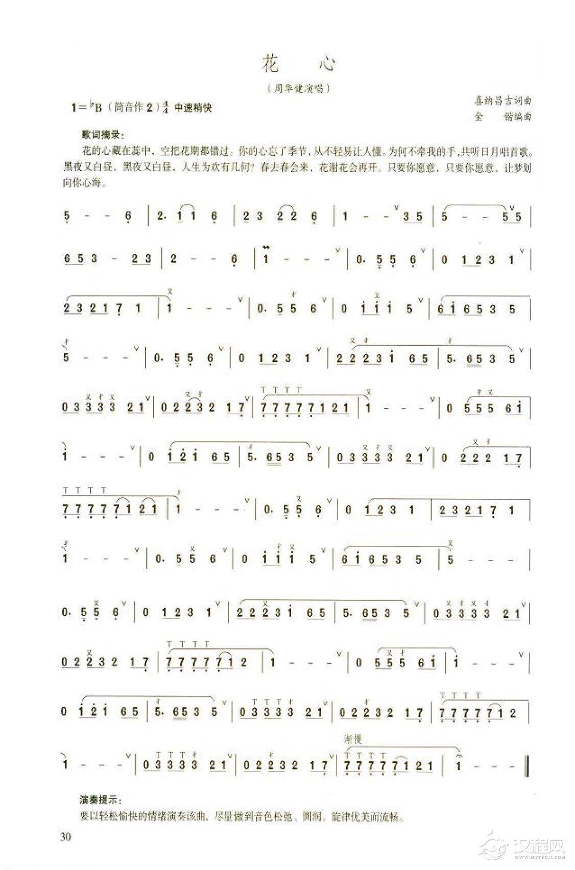 笛子流行金曲《花心》初级独奏乐谱