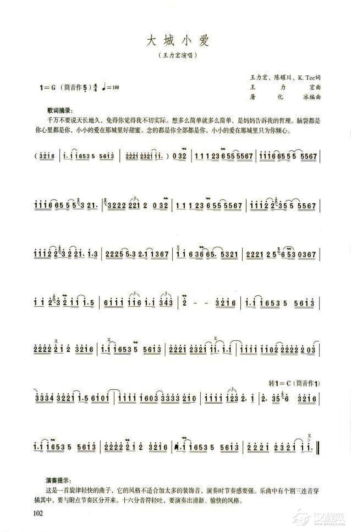 笛子流行金曲《大城小爱》高级独奏乐谱