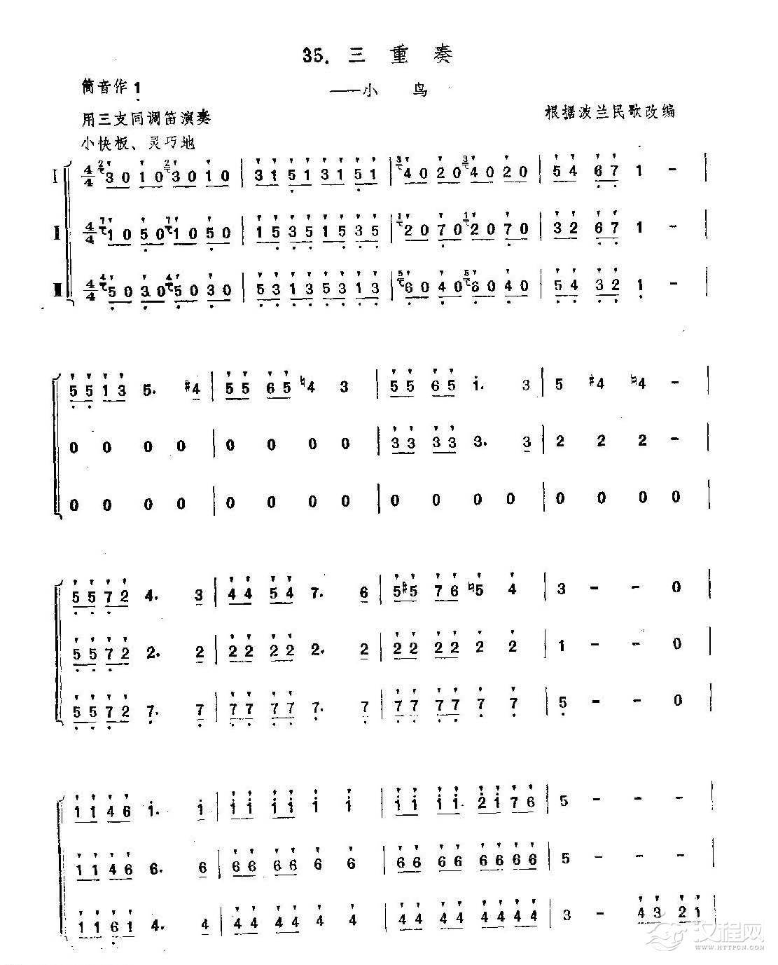 笛子练习曲选《三重奏——小鸟》竹笛练习乐谱