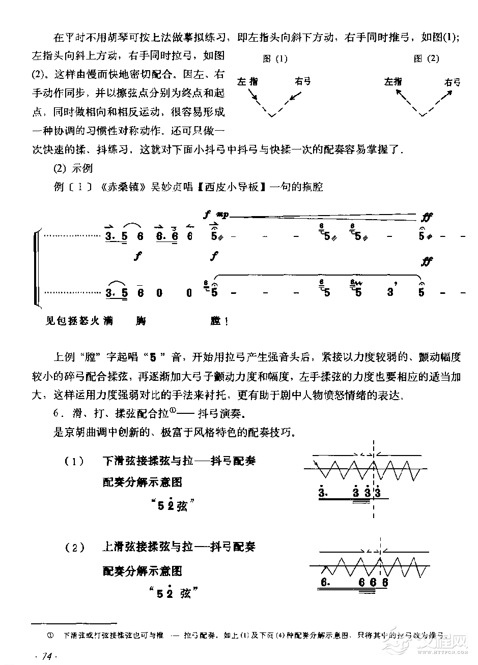 京胡弓、指法的配奏和运用特点