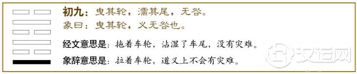 既济卦第一爻,爻辞:初九:曳其轮,濡其尾,无咎。
