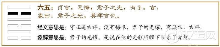 未济卦第五爻，爻辞：六五：贞吉，无悔；君子之光，有孚，吉。