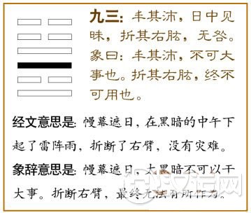 丰卦第三爻,爻辞:九三:丰其沛,日中见昧,折其右肱,无咎。