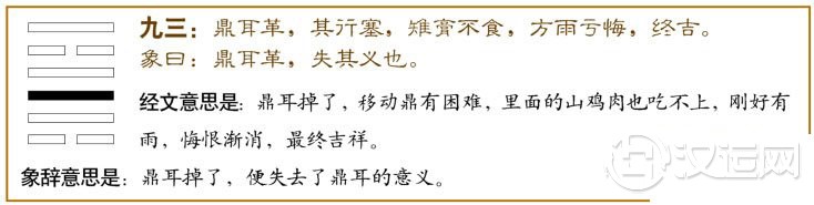 鼎卦第三爻，爻辞：九三：鼎耳革，其行塞，雉膏不食；方雨亏悔，终吉。