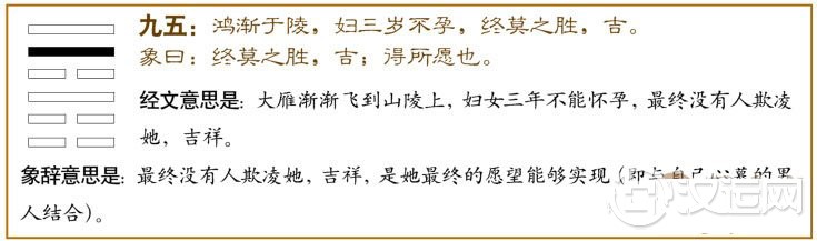 渐卦第五爻，爻辞：九五：鸿渐于陵，妇三岁不孕；终莫之胜，吉。