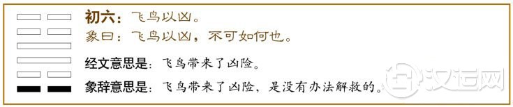 小过卦第一爻,爻辞:初六:飞鸟以凶。