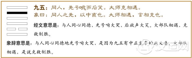九五：同人，先号眺，而后笑，大师克相遇。