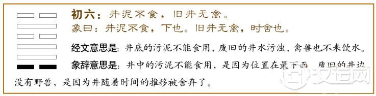 井卦第一爻，爻辞：初六：井泥不食，旧井无禽。