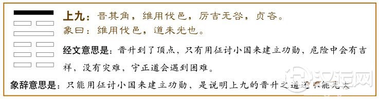 晋卦第六爻，爻辞：上九：晋其角，维用伐邑，厉右，无咎；贞吝。