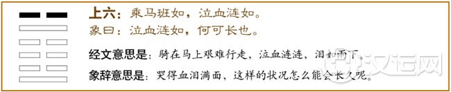 屯卦第六爻,爻辞:上六:乘马班如,泣血涟如。