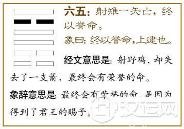旅卦第五爻,爻辞:六五:射雉,一矢亡,终以誉命。