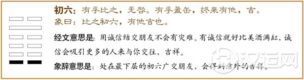 比卦第一爻,爻辞:初六:有孚比之,无咎