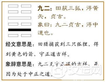 解卦第二爻,爻辞:九二:田获三狐,得黄矢;贞吉。