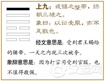 讼卦第六爻，爻辞：上九：或锡之鞶带，终朝三褫之