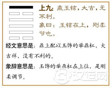 鼎卦第六爻，爻辞：上九：鼎玉铉，大吉，无不利。